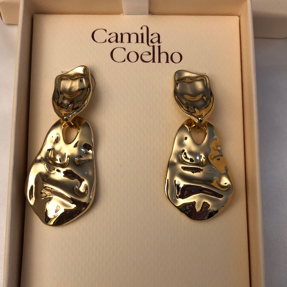 Camila Coelho Polished Molten Gold Tone Abstract Sculptural Drop Earrings NIB
